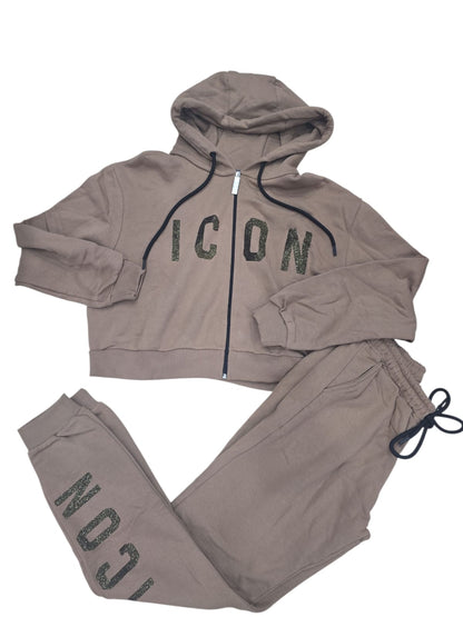 Tuta ICON Donna marrone con logo in strass oro