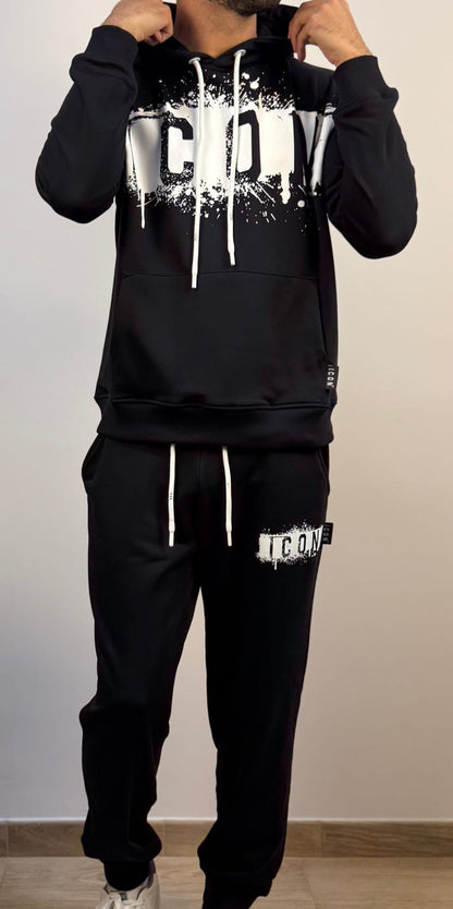 Tuta ICON garzata + cappuccio  logo colature nera